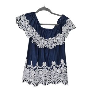 Fever Navy Top with White Eyelet Accents